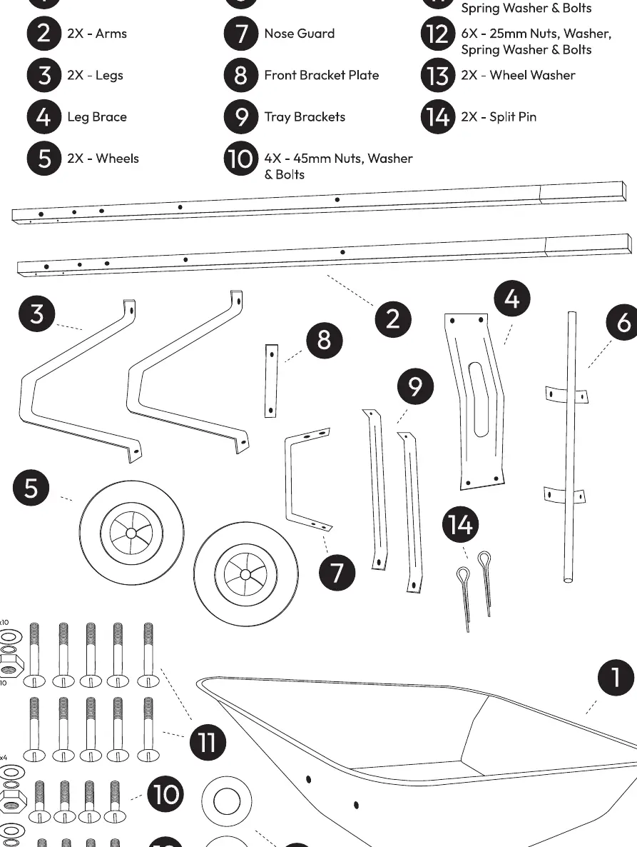 Parts inventory for the KCT Twin Wheel Barrow