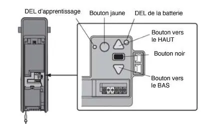 Identify the control panel buttons and LEDs on the garage door opener.