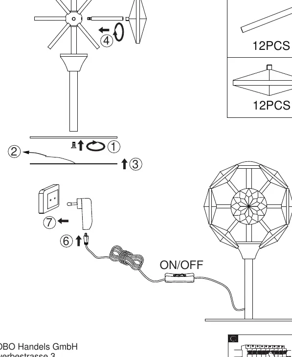 Installation diagram showing the 7-step assembly and connection process.