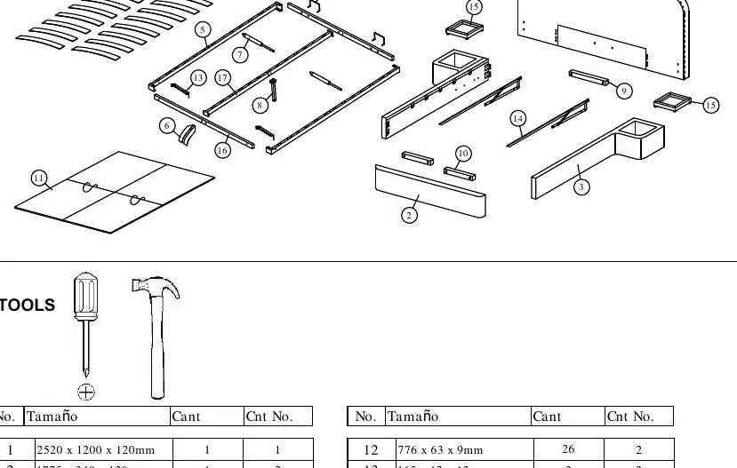 Exploded view of bed components