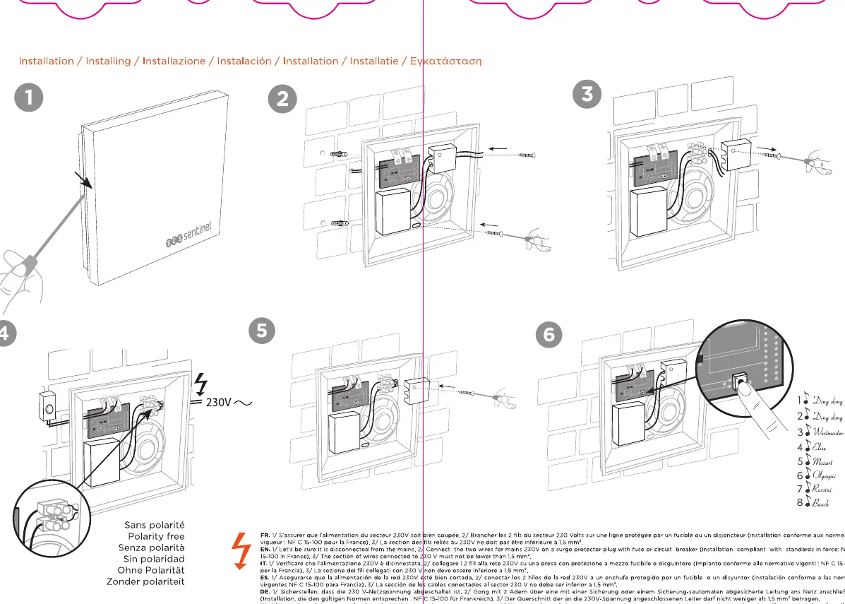 Step-by-step installation guide for the wired chime, including opening the casing, mounting the unit to the wall, connecting the 230V power supply, and selecting the ringtone.
