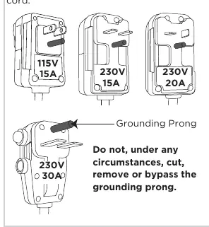 Power cord current detection device with TEST and RESET buttons.