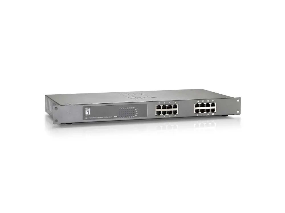 Front view of the FEP-1612W380 switch showing ports and indicators.