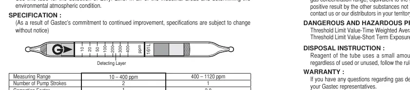 Gastec 161L Detector Tube diagram showing the detecting layer and flow direction arrow.