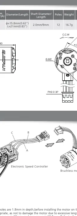Dimension diagram showing mounting hole spacing and shaft details.