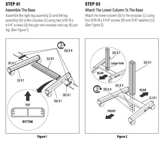 Assembly steps 1 through 4 for the cart base and columns.