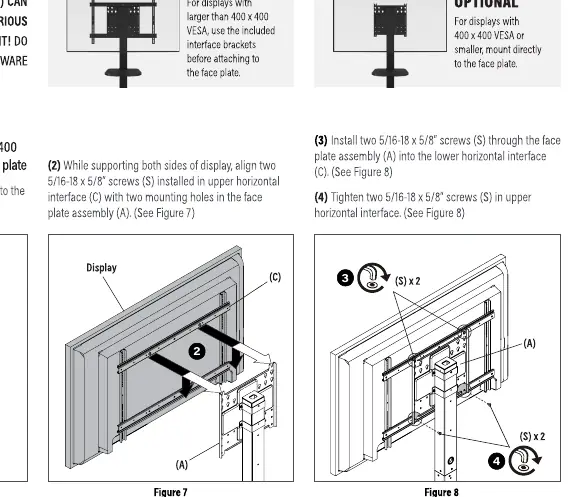 Attaching the display using interface brackets (Step 5A) or direct mounting (Step 5B).
