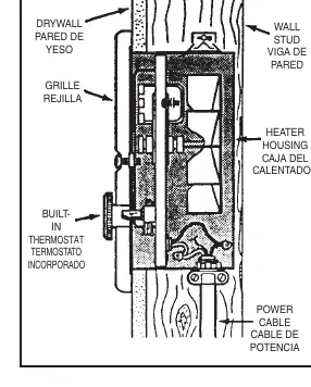 Installation overview showing housing, wall stud, and grille.