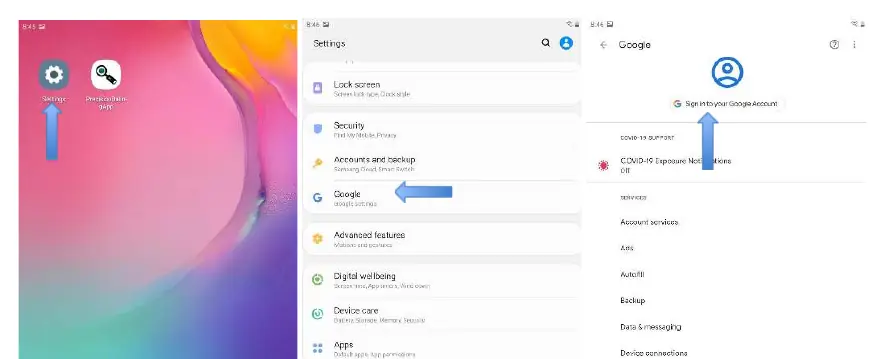 Navigation steps within the Settings menu to reach the Google account sign-in screen.