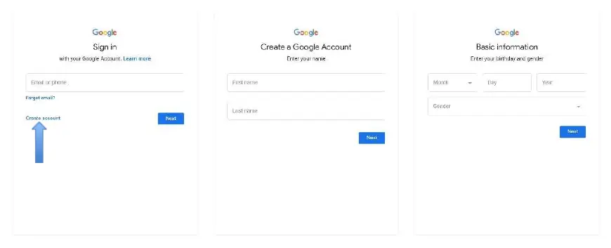Screenshots showing the account creation flow including name, birthday, and email setup.