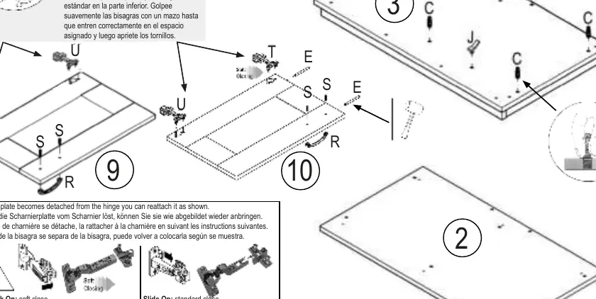 Hinge installation: Soft close at the top, standard at the bottom.