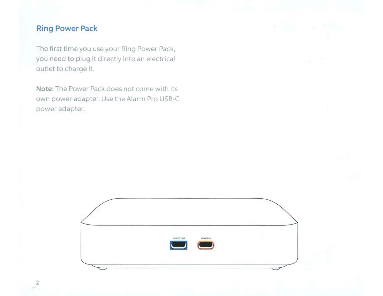 Ring Power Pack ports: Power Out (blue) and Power In (orange).