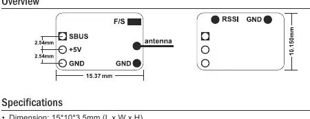 FrSky ACCESS XM receiver layout showing F/S button, antenna, and pin connections.