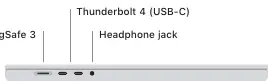 Side view showing MagSafe 3, Thunderbolt 4, and headphone jack.