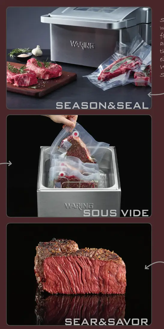 The three-step sous vide cooking process: Season & Seal, Sous Vide, and Sear & Savor.
