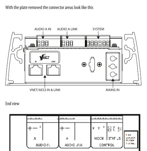 Connector layout showing Audio A In, Audio A Link, System, and Mains In.