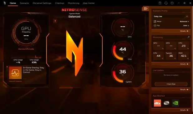 NitroSense Home Screen