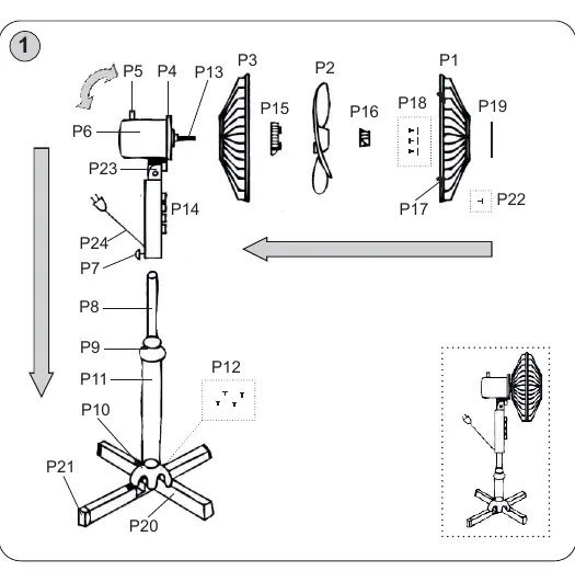 Assembly diagram of the Gallet VEN 16S stand fan