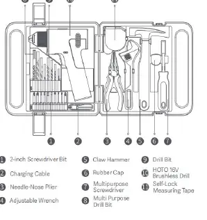 HOTO 16V Brushless Drill Tool Kit components