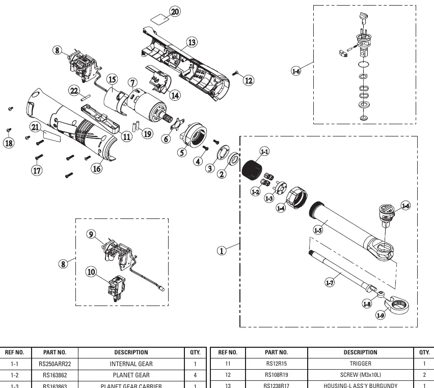Exploded view of the ratchet assembly