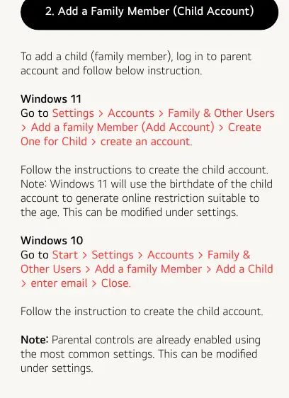 Steps to add a child account for Windows 10 and 11