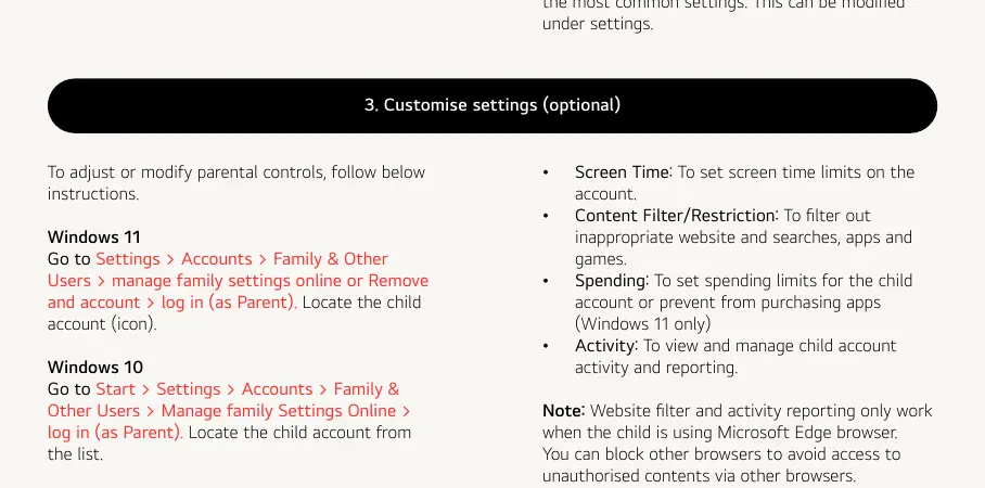 Options for customizing parental control settings