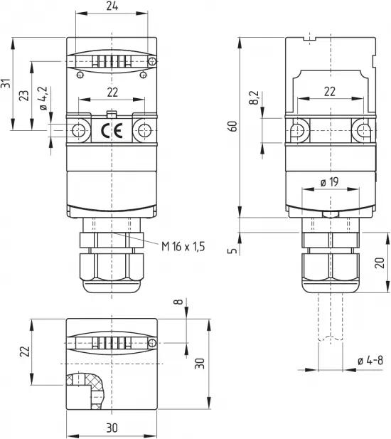 Dimensions of the AZ 17 safety switch