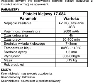 Technical parameters table