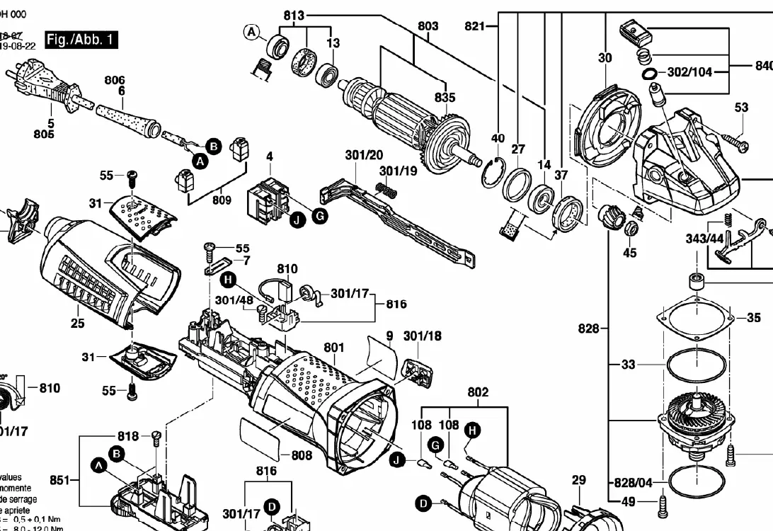 Exploded view of the Bosch GWS 17-125 CIE components