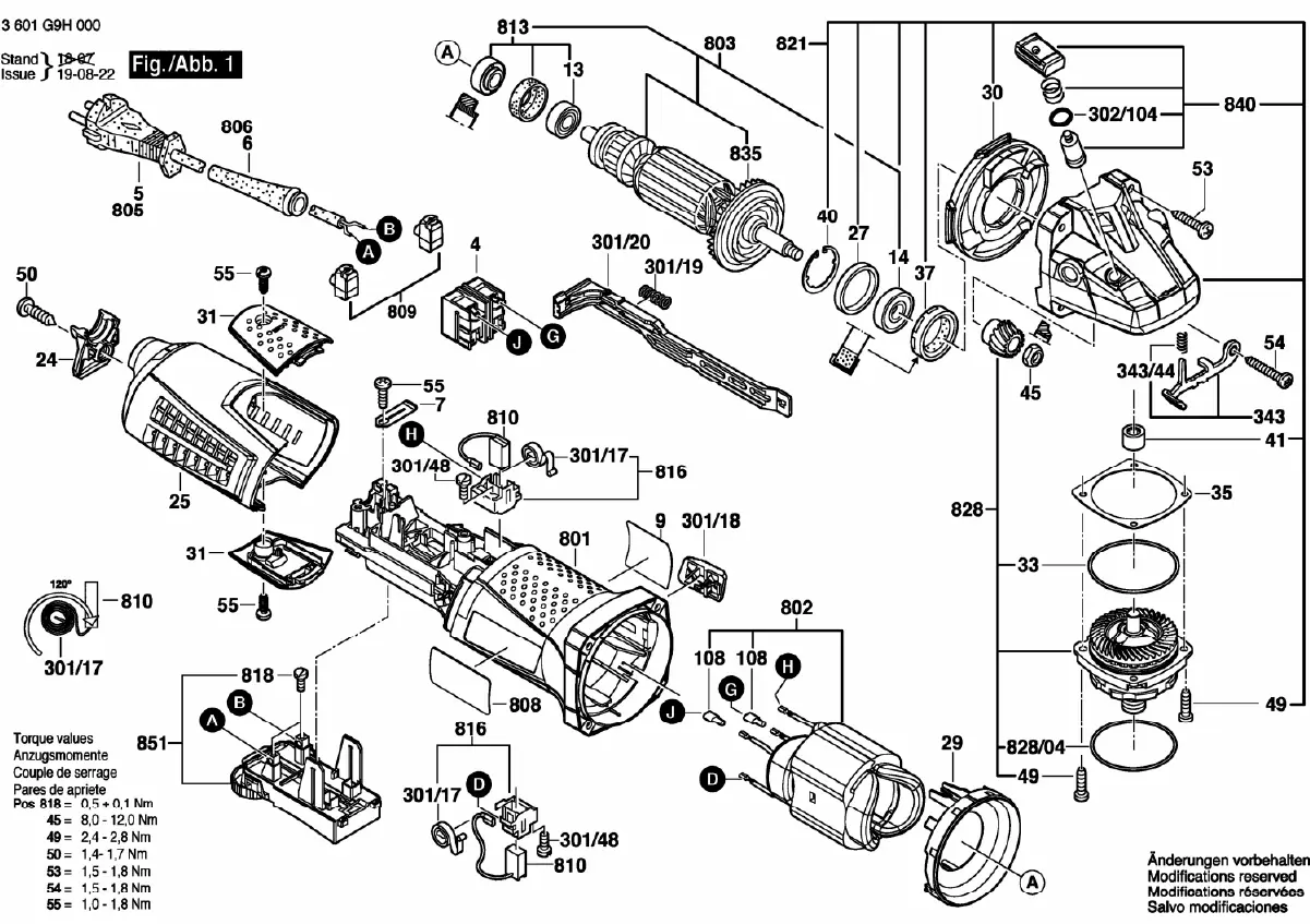 Exploded view diagram of the Bosch GWS 17-125CIE angle grinder showing component assembly and position numbers.