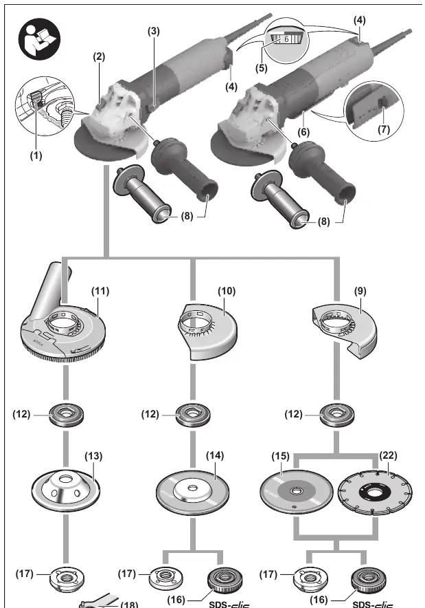 Exploded view of the angle grinder and its components