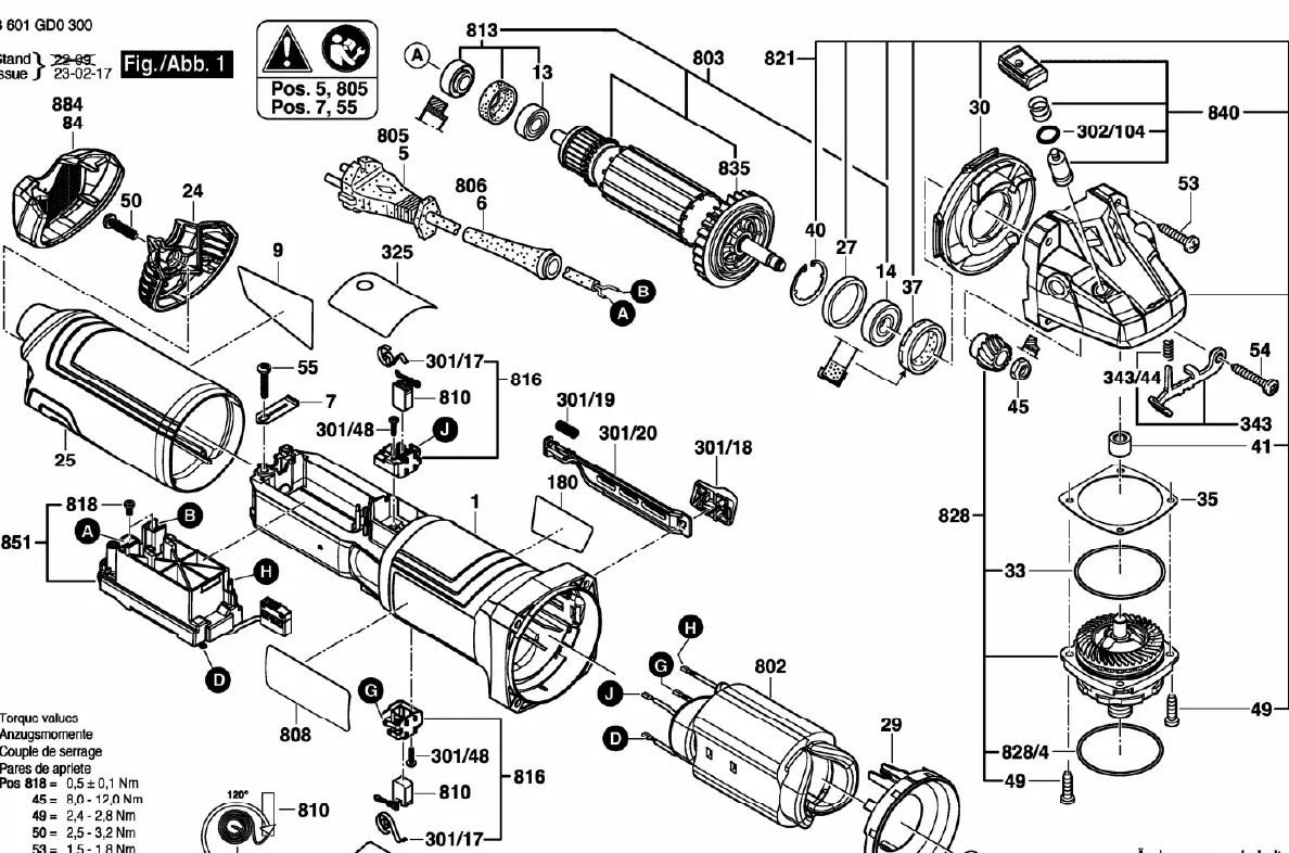 Exploded view of the Bosch GWS 17-125S components