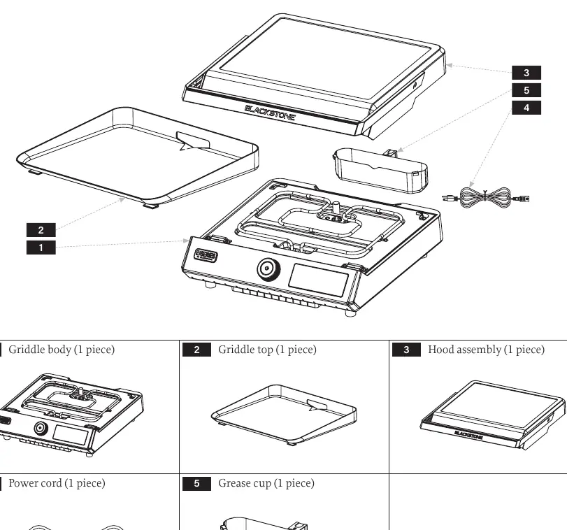 Exploded view of the Blackstone 17-inch Electric Griddle components.