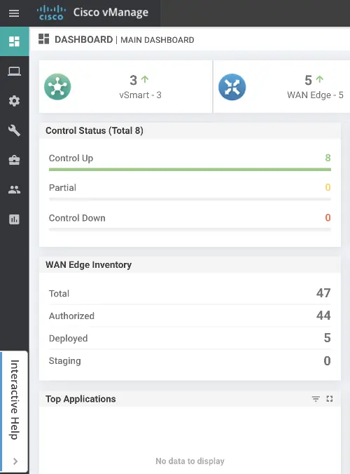 Cisco vManage Dashboard showing Control Status and WAN Edge Inventory.