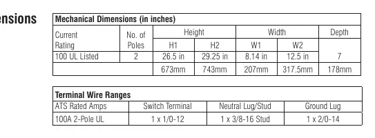 EZ Switch dimensions and terminal wire ranges