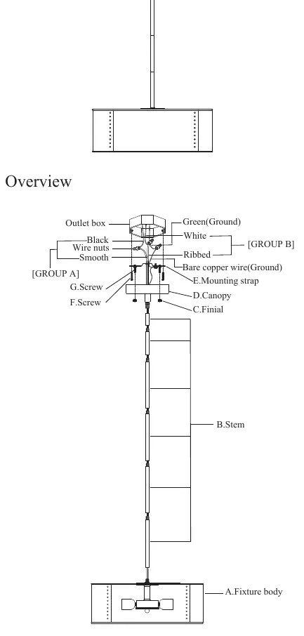 Overview diagram of the chandelier components and assembly structure.