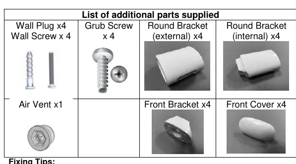 List of additional parts supplied