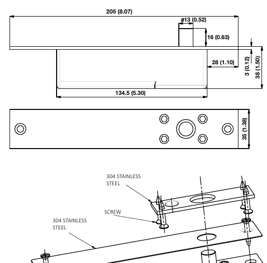 Dimensions of the VIS-DP100-FSA lock