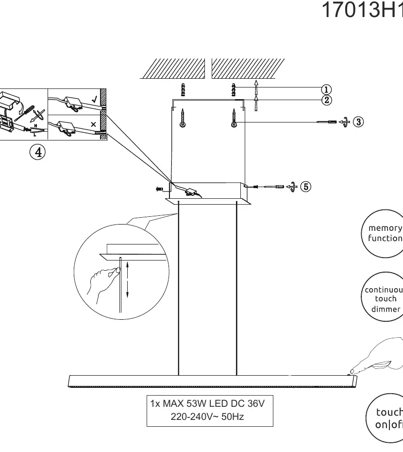Installation diagram showing mounting steps and electrical connection