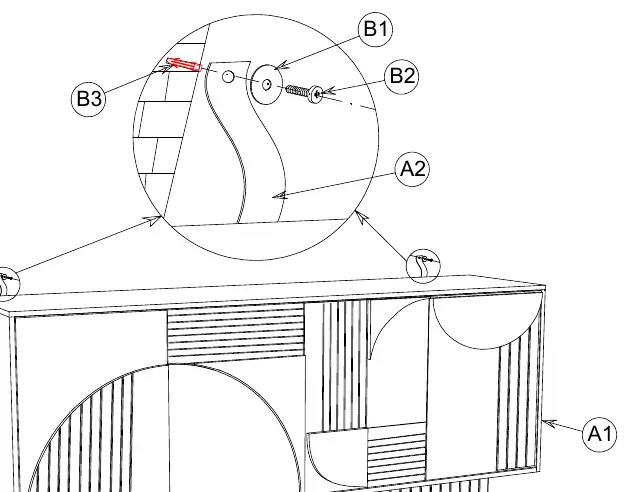 Assembly diagram showing the attachment of the support leg to the sideboard body.
