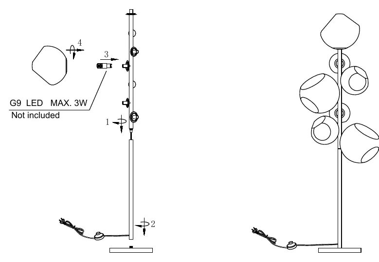 Assembly diagram showing the connection of the main pole to the base and the placement of the glass shades.