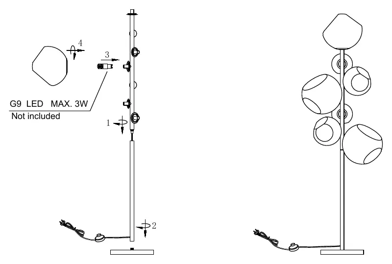 Assembly diagram showing parts connection and bulb installation