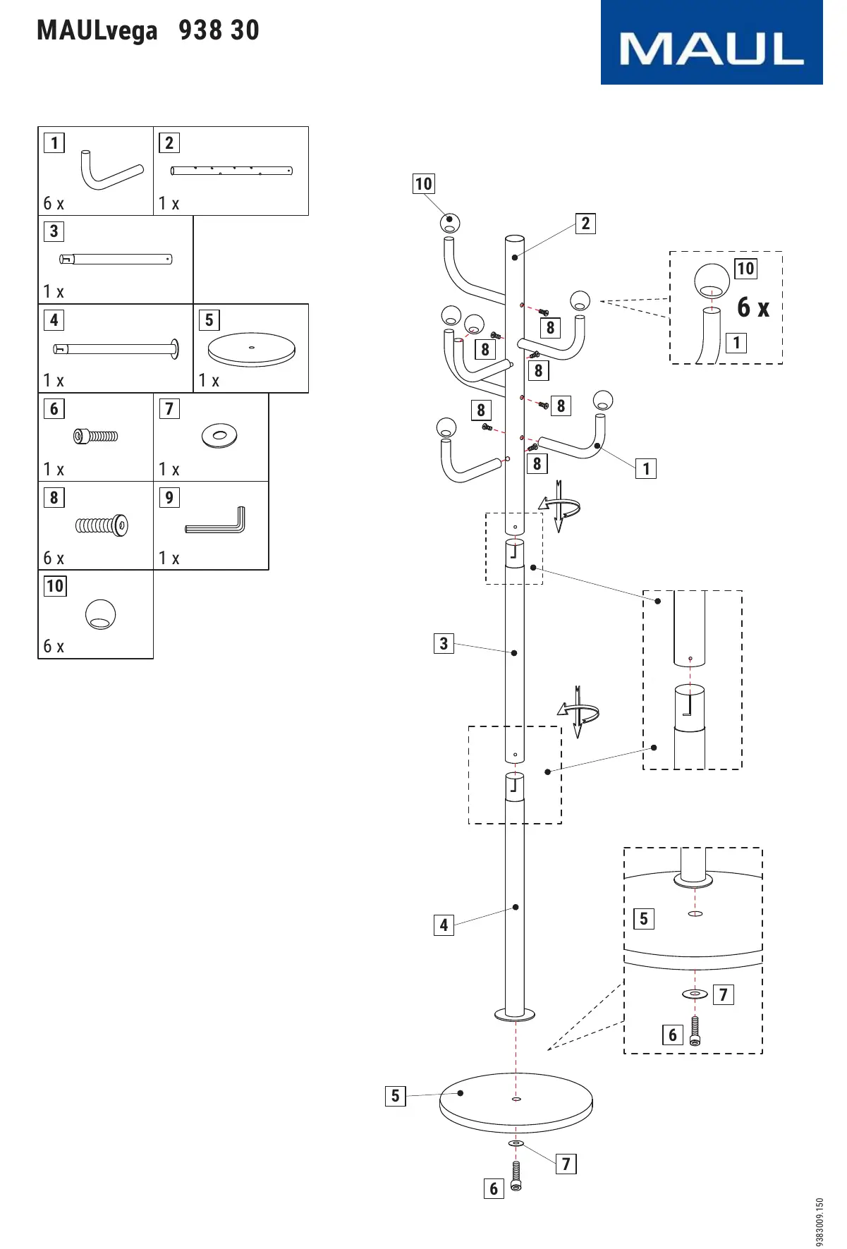 Assembly diagram for the MAULvega 938 30 coat rack