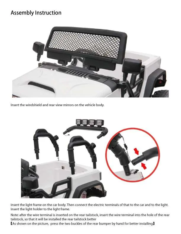 Mount the windshield, mirrors, and light frame.