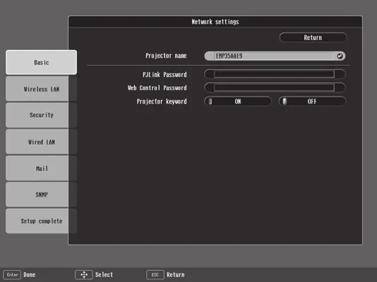 Network settings configuration screen