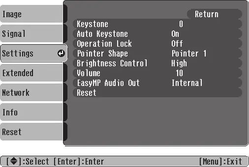 Settings menu