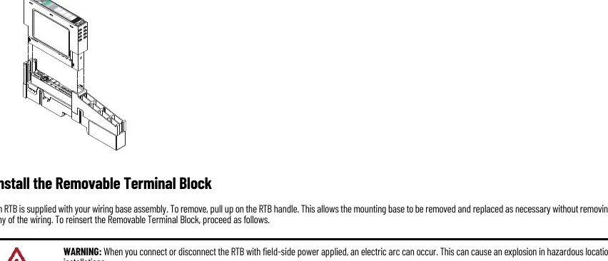 Installing the module and Removable Terminal Block (RTB).