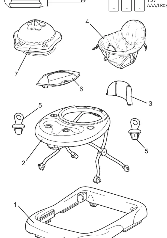 Exploded view of walker components