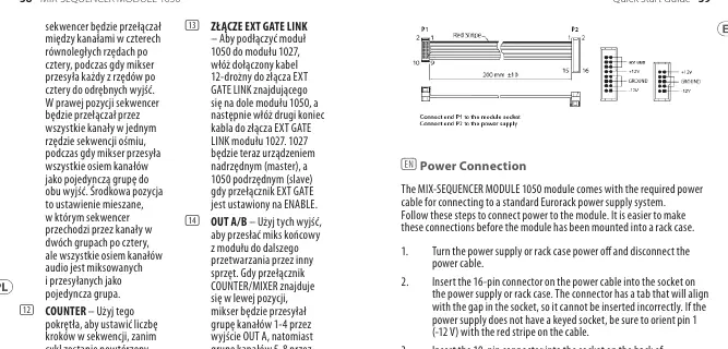 Diagram showing the 16-pin power ribbon cable and correct orientation for connecting the module to a Eurorack power supply.