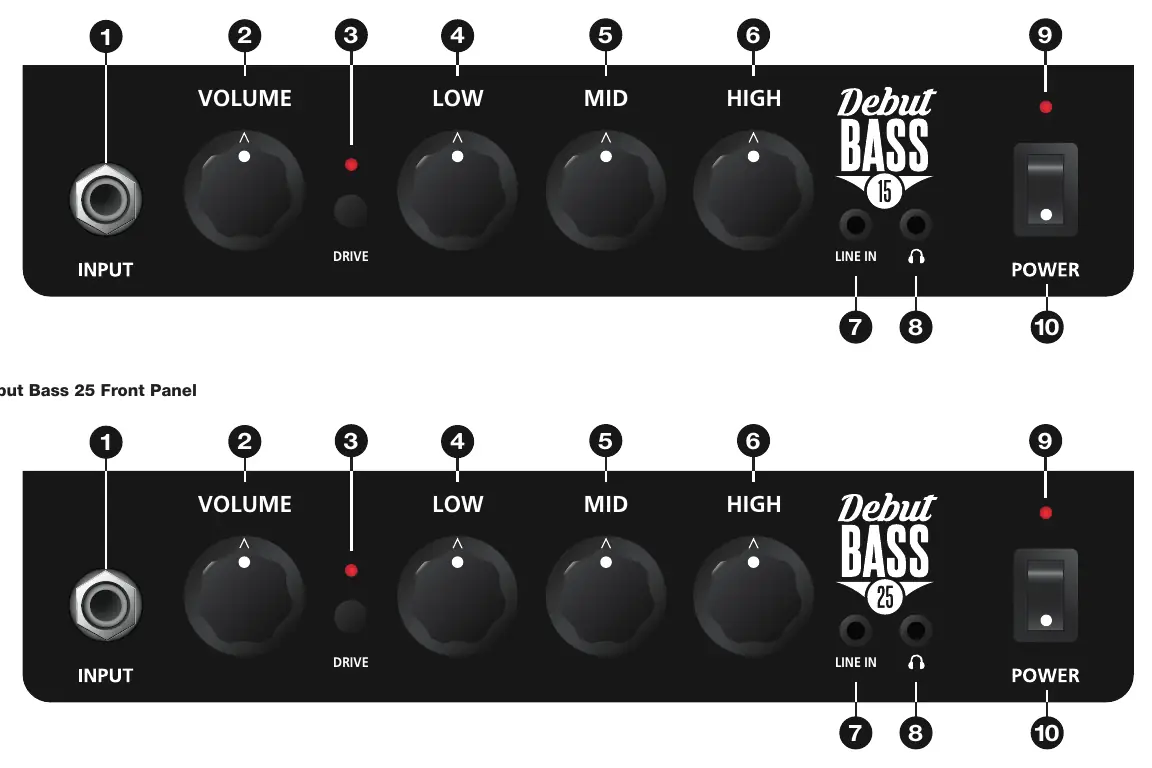 Front panel controls for Debut Bass 15 and 25